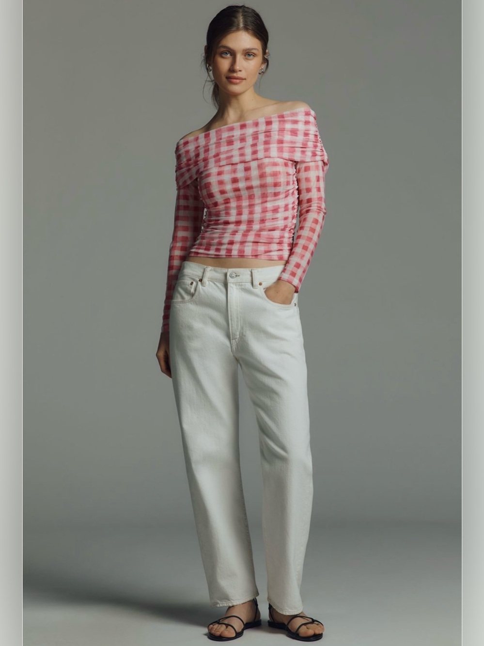Maeve Aleda Mesh Off Shoulder Pink Plaid Ruched Top NWT Size L Anthropologie - Picture 4 of 8
